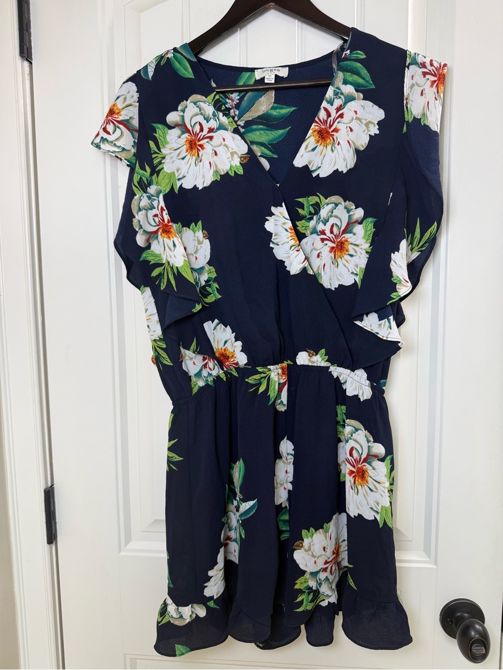 UMGEE Size Medium‎ Floral Shorts Romper Jumpsuit Ruffle Short Sleeve Blue Cotton